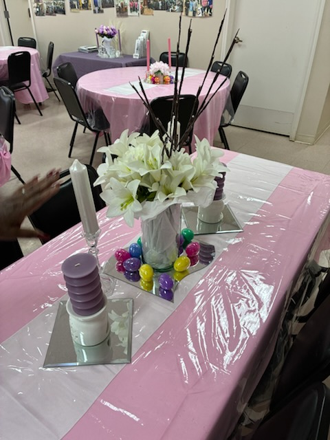 A decorated table at a New Light Baptist Church fellowship meal